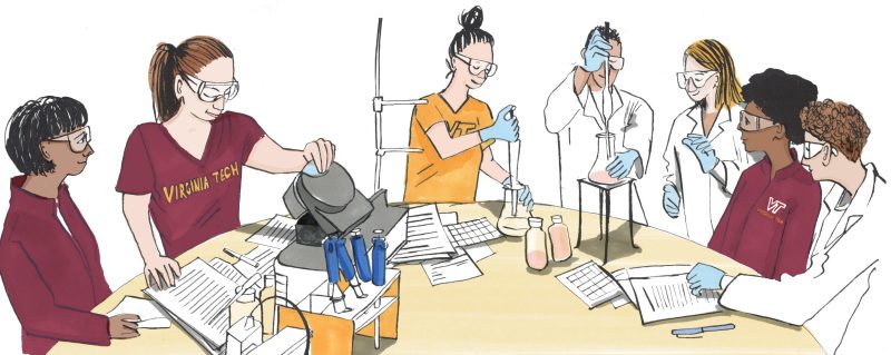 Cartoon of a group of women, several womeon of color, working in a lab environment, wearing lab coats and goggles.